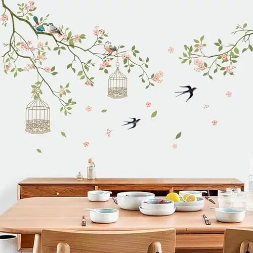 Produktbild: Arawat 2 Set Wandaufkleber Blume Vogel Baum Dekorative Abziehbare Wandtattoo Florale Wandaufkleber für Wohnzimmer Schlafzimmer Badezimmer Boho