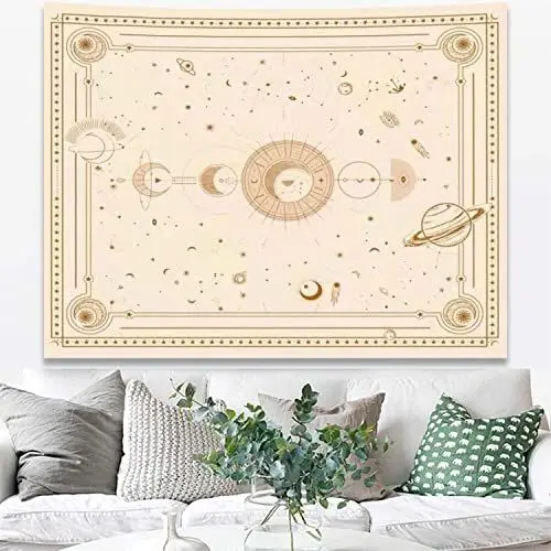 Produktbild: Arawat Wandteppich Mondphasen Wandtuch Schwarz Weiß Wandteppich Mond Sonne Wanddeko Psychedelic Wandteppiche Teppich Gothic Trippy Tapestry Wandtuch Wandbehang Boho Wand Deko (150 x 130cm)