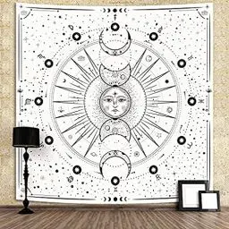 Produktbild: Arawat Wandteppich Mondphasen Weiß - Wandtuch Mond, Tapisserie Gothic Indisches Tapestry, Mandala Psychedelic Deko Tipp Wanddeko (150 x 200cm)