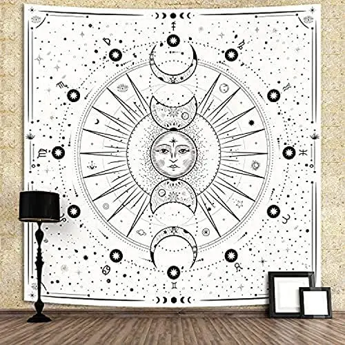 Produktbild: Arawat Wandteppich Mondphasen Weiß - Wandtuch Mond, Tapisserie Gothic Indisches Tapestry, Mandala Psychedelic Deko Tipp Wanddeko (150 x 200cm)