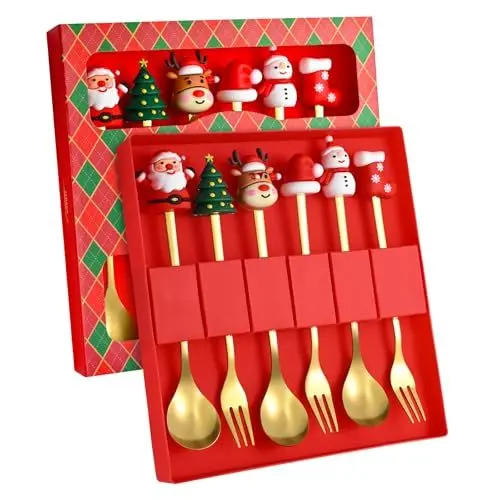 Produktbild: Arbolisse Weihnachtsgeschirr Set, Adventskalender Füllung Kinder, Nikolaus Geschenke Kinder, Weihnachtslöffel Tafelgabeln, Kaffee-Rührlöffel,Teelöffel, Dessertgabeln, mit Geschenkverpackung