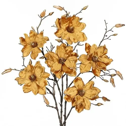 Produktbild: Arborus Weihnachtsdeko 3PCS Künstliche Blumen 76 cm Künstliche Zweige mit Blüten Magnolienzweig für Vase Gold Kunstblumen für Weihnachtsbaumdeko Weihnachtsarrangement Tisch Deko Regal Deko
