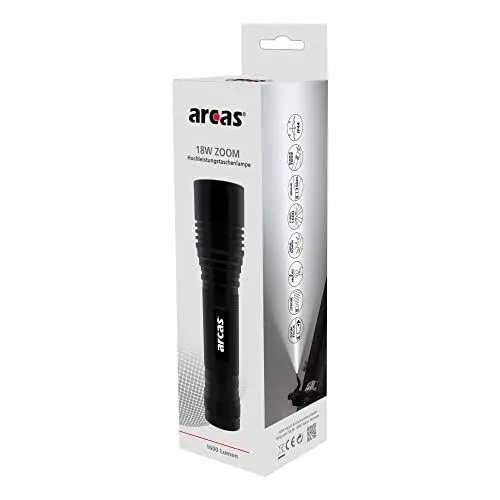 Produktbild: Arcas 30700032 - LED Zoom Hochleistungs-Taschenlampe mit 18 W, Zoom- und 3 Leucht-Funktionen, batteriebetriebenes Leucht-Mittel aus wetterbeständigem Aluminium, ideal für Freizeit und Arbeit
