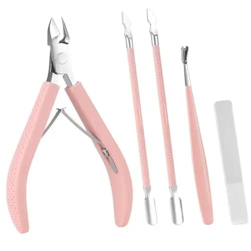 Produktbild: Arcjunys 4 Stück Nagelhautzange mit Nagelhautschieber Professioneller Edelstahl Nagelhautschneider Nagelhautentferner Set Cuticle Nippers and Cuticle Pusher für den Salon oder Heimgebrauch(Rosa)