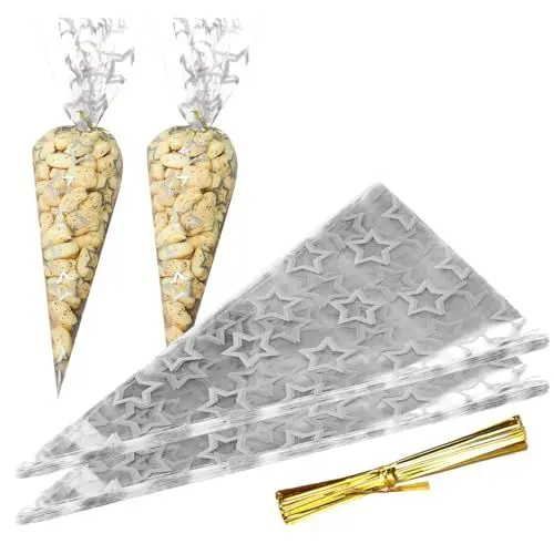 Produktbild: Arcjunys 50 Stück Spitztüten Süßigkeiten Süßigkeiten Tüten 17 x 30 cm Süssigkeiten Tüten Sweet Cone Bags Spitztüten Transparent Cellophantüten mit 50 Gold Twist Ties für Süßigkeiten Schokolade Kekse