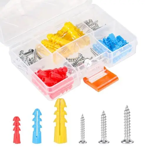 Produktbild: Arcjunys 60 STK Dübel Set mit Schrauben Dübel Set Screws and Wall Plugs Set Holzschrauben Spreizdübel Kit Universaldübel für Trockenbau Beton Ziegel Gipskarton Blau/Rot/Gelb