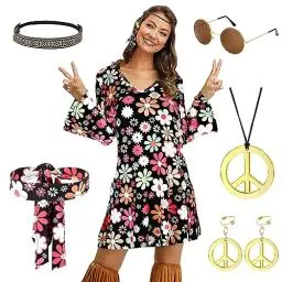 Produktbild: Arclhladin Hippie Kostüm Damen Set, 60er 70er Kleid Hippie Kleidung Frauen Mädchen Disco Kleider mit 70er Jahre Kleid Hippie Accessoires Faschingskostüme für Halloween Karneval Cosplay (M)