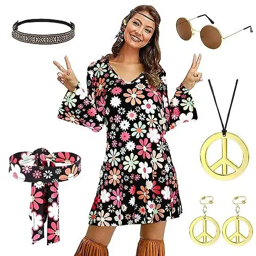 Produktbild: Arclhladin Hippie Kostüm Damen Set, 60er 70er Kleid Hippie Kleidung Frauen Mädchen Disco Kleider mit 70er Jahre Kleid Hippie Accessoires Faschingskostüme für Halloween Karneval Cosplay (M)