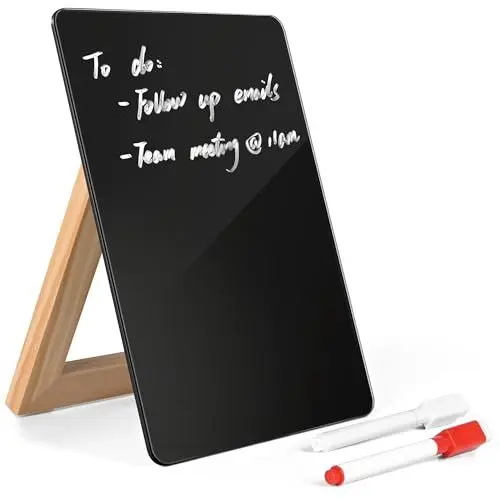 Produktbild: ARCOBIS Glas Desktop Whiteboard mit drehbarem Massivholzständer, 24 x 17,5 cm kleines Glas-Trockenlöschbrett mit 2 Markern, Schreibtisch-Whiteboard-Aufsteller, Glas-Notizblock für Büro, Zuhause