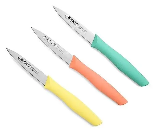 Produktbild: Arcos Küchenmesser Set 3 teilig aus Edelstahl Serie Nova. Schälmesser für Obst und Gemüse mit ergonomischem Polypropylen Griff. Farben Orange, Gelb, Blau