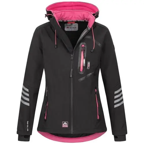 Produktbild: Arctic Seven Damen Softshell Funktions Outdoor Regen Jacke Sport Kapuze AS186 (AS-186-Schwarz-Pink-Gr.L)