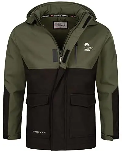 Produktbild: Arctic Seven Herren Softshell Outdoor Jacke Wasserabweisende Funktionsjacke Windbreaker AS303 (AS-303-Olive-Schwarz-Größe M-Gr.M)