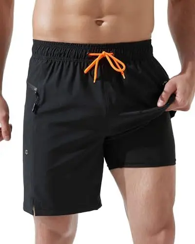 Produktbild: Arcweg Badeshorts Herren mit Reißverschlusstaschen Badehose Männer Jungen Schnell trocknende Schwimmhose mit Kompressionsfutter Doppellagige Schwarz L(EU)