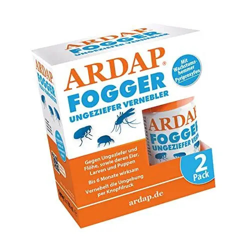 Produktbild: ARDAP Fogger 2 x 100ml - Effektiver Vernebler zur Ungeziefer- & Flohbekämpfung für Haushalt & Tierumgebung - für Räume bis 30m² - Wirksamer Schutz für bis zu 6 Monate