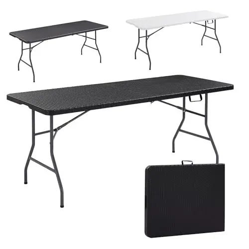 Produktbild: Arebos Buffettisch zusammenklappbar 182 x 74 x 74 cm in Rattan Optik Wetterfest Gartentisch Partytisch Klapptisch für Garten Terrasse und Balkon | 8 Personen | Campingtisch mit Tragegriff | Schwarz