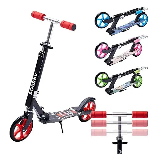 Produktbild: Arebos Cityroller Tretroller Grün Scooter höhenverstellbar | klappbar | inkl. Traggurt | XXL Räder | Tritt-Bremse | für Kinder und Erwachsene | bis 100kg belastbar | Kickroller | Kickscooter | Rot