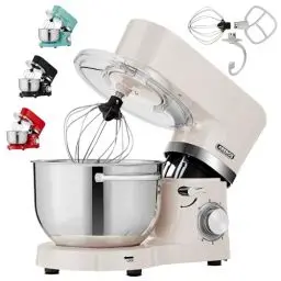 Produktbild: Arebos Küchenmaschine 1500W Creme | Knetmaschine mit 2x Edelstahl-Rührschüsseln 4,5 & 5,5L | Geräuscharm | Küchenmixer mit Rührhaken, Knethaken, Schlagbesen und Spritzschutz | 6 Geschwindigkeiten