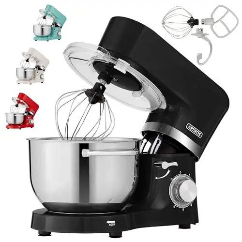 Produktbild: Arebos Küchenmaschine 1500W Schwarz | Knetmaschine mit 2x Edelstahl-Rührschüsseln 4,5 & 5,5L | Geräuscharm | Küchenmixer mit Rührhaken, Knethaken, Schlagbesen und Spritzschutz | 6 Geschwindigkeiten