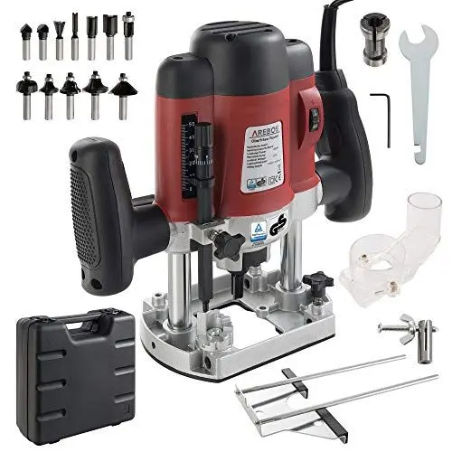 Produktbild: Arebos Oberfräse mit Koffer (1200 W, Ø 6 und 8 mm, Drehzahlregelung, Parallelanschlag, Reduzierstück, Kopierhülse, Absaugadapter, inkl. Zubehör) inkl. Fräser Set 12-teilig