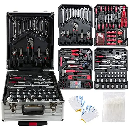 Produktbild: Arebos Aluminium Werkzeugkoffer gefüllt | Werkzeug-Set 1200-tlg | Rollkoffer Tragekoffer | Werkzeugtasche für Haushalt,Garage & Werkstatt | Werkzeugkiste mit 4 Fächern & Teleskopgriff | Silber