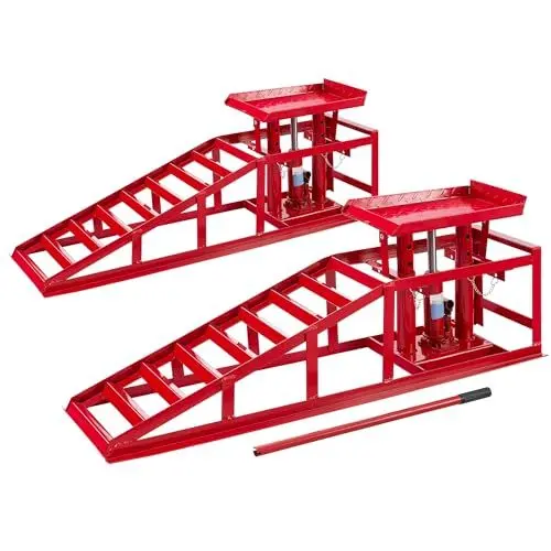 Produktbild: Arebos 2X Auffahrrampe mit hydraulischem Wagenheber | XXL PKW Hebebühne KFZ Rampe 245 mm Auffahrbreite | Auffahrbock Hebeplattform mit Sicherheits-/ Überdruckventil | Höhenverstellbar 2 T | Rot