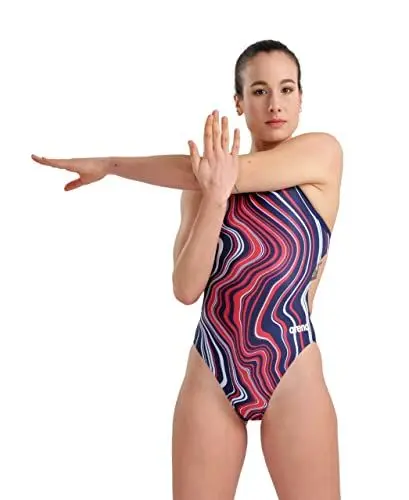 Produktbild: ARENA Damen Women's Swimsuit Challenge Back Marbled Badeanz ge, Navy-red Multi, 128JR EU
