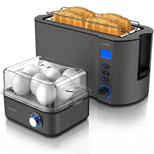 Produktbild: Arendo SET Toaster MANHA mit Eierkocher EIGHTCOOK Edelstahl Cool Grey Toaster 4 Scheiben Display 6 Bräunungsgrade Brötchenhalter Eierkocher 1-8 Eier Messbecher