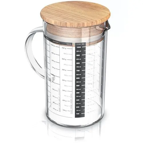 Produktbild: Arendo - 1l Messbecher aus Glas - 1 Liter Messkrug Glas Krug – Borosilikatglas – präzise Skala – hitzebeständig – Mikrowellen geeignet – Glasbehälter mit Bambusdeckel - Silikondichtung