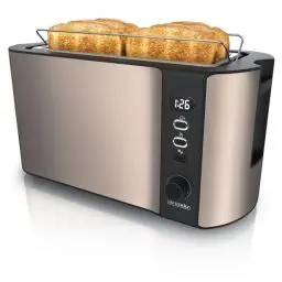 Produktbild: Arendo - Edelstahl Toaster Langschlitz 4 Scheiben - Defrost Funktion - wärmeisolierendes Gehäuse - mit integriertem Brötchenaufsatz - Krümelschublade - Display mit Restzeitanzeige - Bronze Design