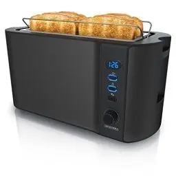Produktbild: Arendo - Edelstahl Toaster Langschlitz 4 Scheiben - Defrost Funktion - wärmeisolierendes Gehäuse - mit integriertem Brötchenaufsatz - Krümelschublade - Display mit Restzeitanzeige - Schwarz Matt