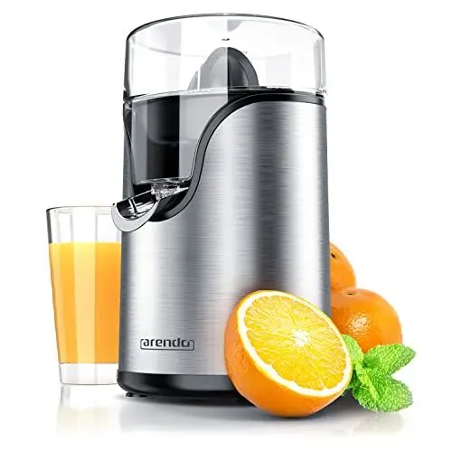 Produktbild: Arendo - Zitronenpresse elektrisch Edelstahl 100 Watt - Saftpresse, Orangenpresse, Limettenpresse - Start-Stopp-Automatik - großer und kleiner Presskegelaufsatz - Siebeinsatz - BPA frei