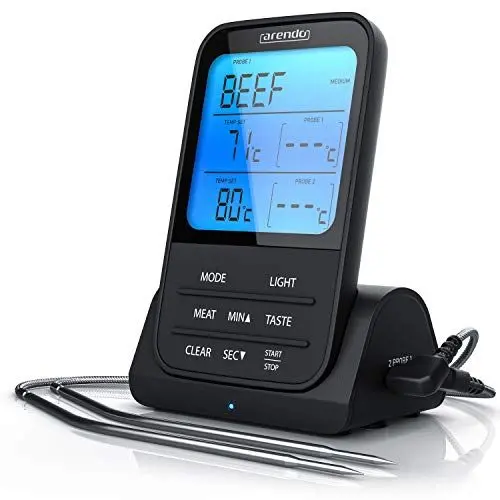 Produktbild: Arendo - Funk Grillthermometer digital mit Edelstahlsonden – 2 Modi - wireless kabellos - Temperatur mit Alarmsignal -20° bis 300°C - Küche Fleischthermometer - Bratenthermometer - Backofen Grill