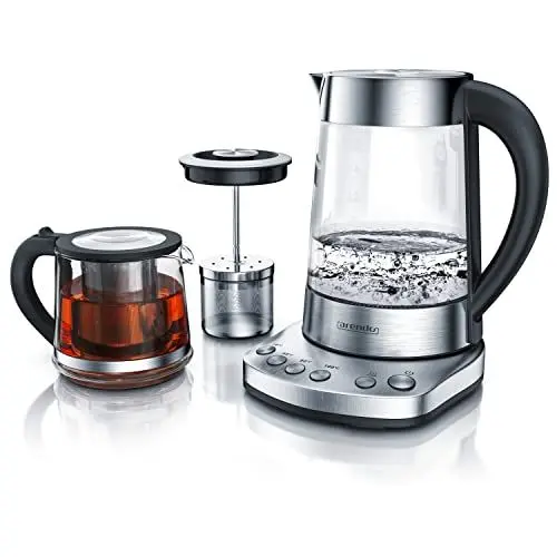 Produktbild: Arendo - Glas Wasserkocher mit Temperatureinstellung und Teesieb sowie Aufsatz - Türkischer Teekocher - Edelstahl - Temperaturen 70, 80, 100 Grad - 1,7 Liter - 2400 Watt - Abschaltautomatik