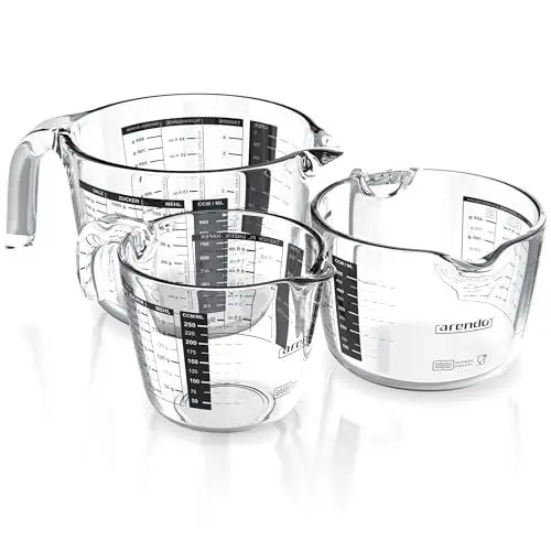 Produktbild: Arendo - Messbecher Set aus Glas - Größen 250ml, 500ml, 1000ml (0,25l 0,5l 1l) – Messkrug Glas Krug – Borosilikatglas – präzise Skala – hitzebeständig – Mikrowellen geeignet – Küchenmessbecher