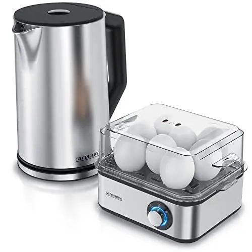 Produktbild: Arendo - Set Wasserkocher ELEGANT mit Eierkocher THREECOOK Edelstahl Silber, Wasserkocher 1,5L 40° - 100°C Warmhaltefunktion, Eierkocher 1-8 Eier, Messbecher