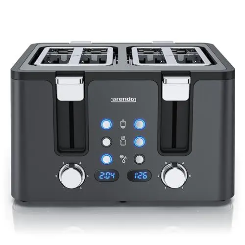 Produktbild: Arendo - Toaster 4 Scheiben Edelstahl - mit Brötchenaufsatz - LED Anzeige Restzeitanzeige – Doppelwandgehäuse - Defrost Funktion - Krümelschublade - 6 Bräunungsgrade - Cool Grey Design