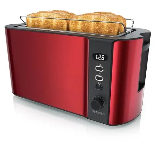 Produktbild: Arendo - Toaster 4 Scheiben Langschlitz Edelstahl - Defrost Funktion - wärmeisolierendes Gehäuse - mit integrierten Brötchenaufsatz - 1500W - Krümelschublade - Display mit Restzeitanzeige - Rot