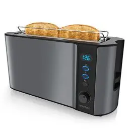 Produktbild: Arendo - Toaster Langschlitz - 2 Scheiben - Defrost Funktion - Wärmeisolierendes Doppelwandgehäuse - mit Brötchenaufsatz - herausziehbare Krümelschublade - Cool Grey Design