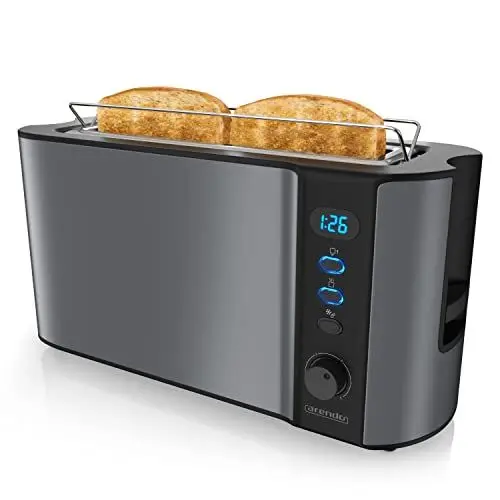 Produktbild: Arendo - Toaster Langschlitz - 2 Scheiben - Defrost Funktion - Wärmeisolierendes Doppelwandgehäuse - mit Brötchenaufsatz - herausziehbare Krümelschublade - Cool Grey Design