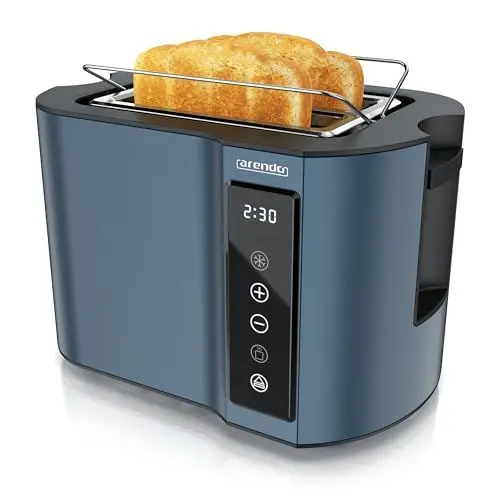 Produktbild: Arendo - Touch Toaster 2 Scheiben Edelstahl - Touchpanel - digital Display Restzeitanzeige - 800 W – Doppelwandgehäuse – mit Brötchenaufsatz – 7 Bräunungsgrade – Brotscheibenzentrierung - Blau