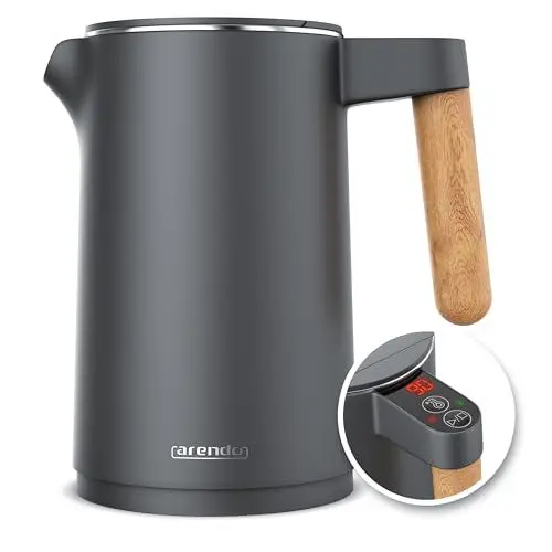 Produktbild: Arendo - Wasserkocher Edelstahl mit Temperatureinstellung - 45°C-100°C - 1.5 Liter - Doppelwand - BPA frei - Warmhaltefunktion - Teekocher mit Temperaturanzeige - Griff Cool Touch - Cool Grey