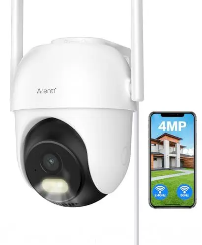 Produktbild: ARENTI 2,5K/4MP Kamera Überwachung Aussen, 2,4/5GHz WLAN Überwachungskamera Aussen, 355°PTZ IP Kamera Aussen mit APP, Farbnachtsicht, Ton-/Lichtalarm, Automatische Verfolgung, 2-Wege-Audio mit Alexa