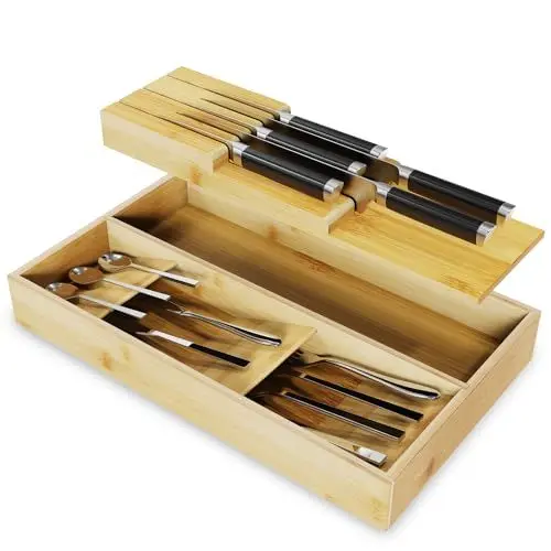 Produktbild: Aresvrgo Besteckkasten für Schubladen Klein mit Messerblock Schublade,Besteckeinsatz für Schubladen 38 * 23 * 5 cm NatüRliches Bambus-Material,Zur Aufbewahrung Von Messern,Gabeln,LöFfeln Usw
