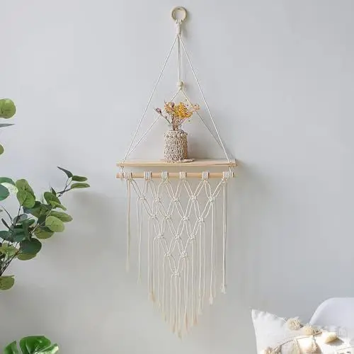 Produktbild: Aresvrgo Makramee Regal, Boho Wanddeko, Handgewebte Natürliche Deko, Wandregale für Wohnzimmer, Schlafzimmer, Balkon, Flur (A)