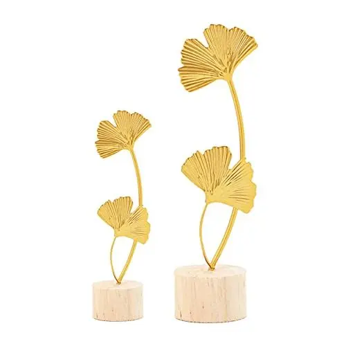 Produktbild: ARFUKA 2 Stück Wohnzimmer Tischdeko Ginkgo Blatt Statue Metallskulptur Dekoration Ornamente für Wohnzimmer Schlafzimmer Büro Schreibtisch Schränke Gold