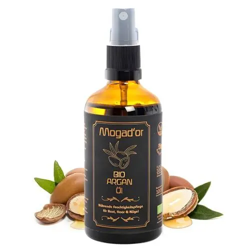 Produktbild: ARGANÖL BIO KALTGEPRESST | 100% Rein | Für Haare Haut & Nägel | Original aus Marokko | 100ml im Braunglas | Feuchtigkeitspflege | Cruelty Free | Argan Oil | Ohne Zusätze mit Pump | Von Mogad´or