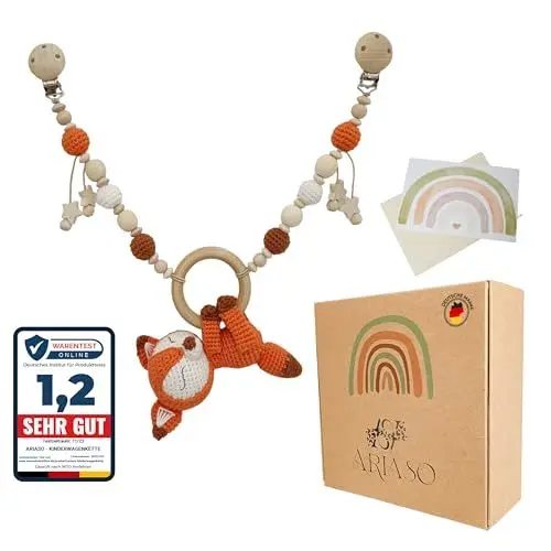 Produktbild: ARIASO® Kinderwagenkette aus Holz und Baumwolle gehäkelt, Kinderwagen Kette für Babys, Geschenk zur Geburt für Mädchen und Junge ab 0+ Monate inkl. Geschenkkarte- Fuchs