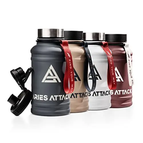 Produktbild: ARIES ATTACK 1.3L Trinkflasche Edelstahl Sportflasche Wasser Metall Trinkflaschen Outdoor Flasche Water Jug 1L für Fitness Gym BPA Frei Fitness auslaufsichere Flasche 1liter (Anthrazit)