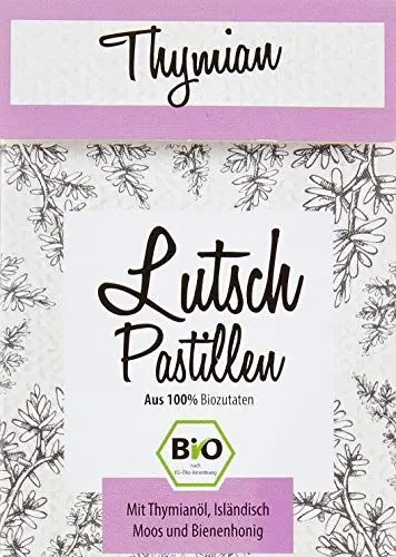 Produktbild: Aries BIO Thymian Lutschpastillen – Halsbonbons mit Isländisch Moos Extrakt und Bio Thymianöl – 30g