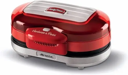 Produktbild: Ariete Hamburger Maker Party Time 205, Elektrischer Sandwichmaker, Elektrischer Grill mit Zwei Antihaftbeschichteten Grillplatten, 2 Heizkammern, Leicht zu Reinigen, 1200 W, Rot